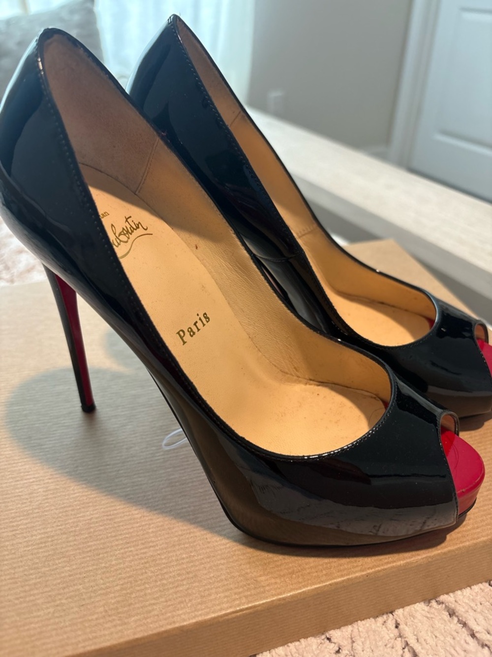 Christian Louboutin Black Patent Peep-Toe Pumps with Red Sole